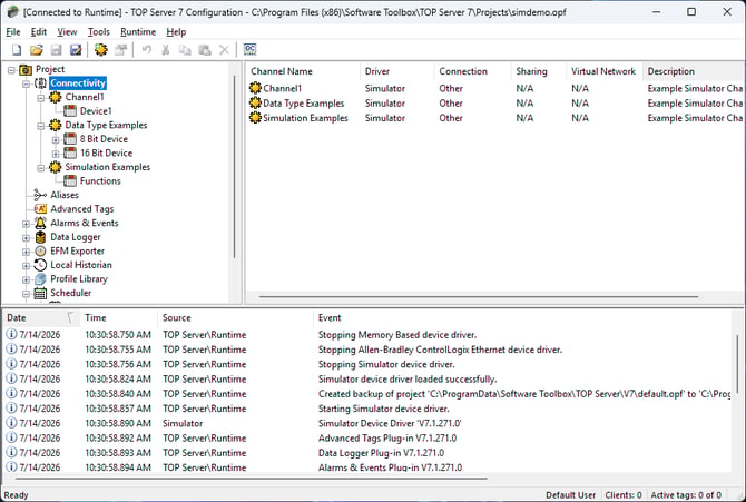 TOP Server v7 configuration screen showing channels, devices, and Runtime connection status