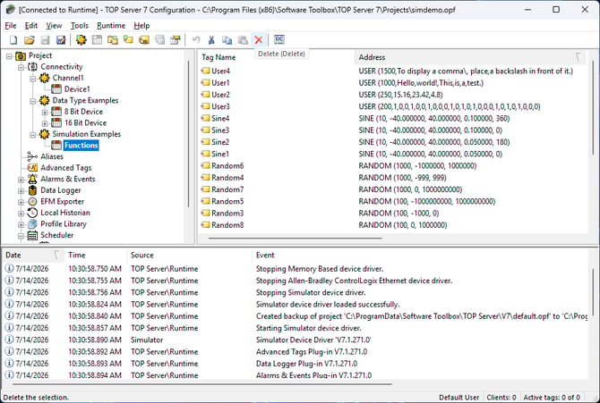 TOP Server v7 configuration screen showing channels, devices, and tag list